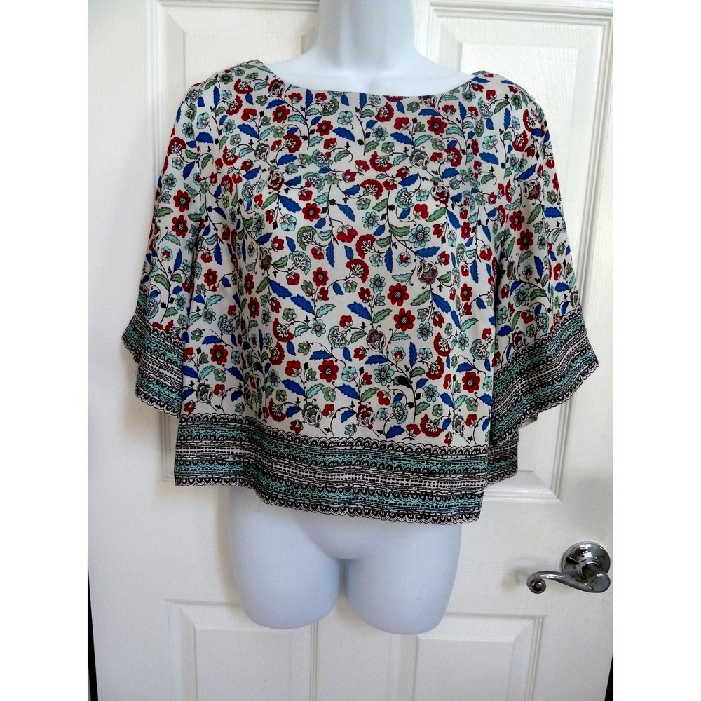 Boden Women 14 XL Kimono Sleeve Cropped Blouse Floral Colorful Boxy Pullover Top